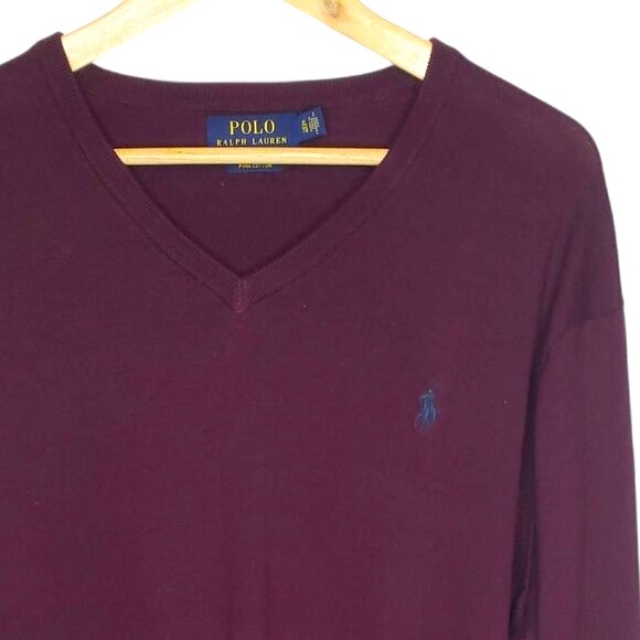 Polo Ralph Lauren V Neck Sweater Men's Pima Cotton Maroon Ribbed Edge Preppy XL - Picture 3 of 6